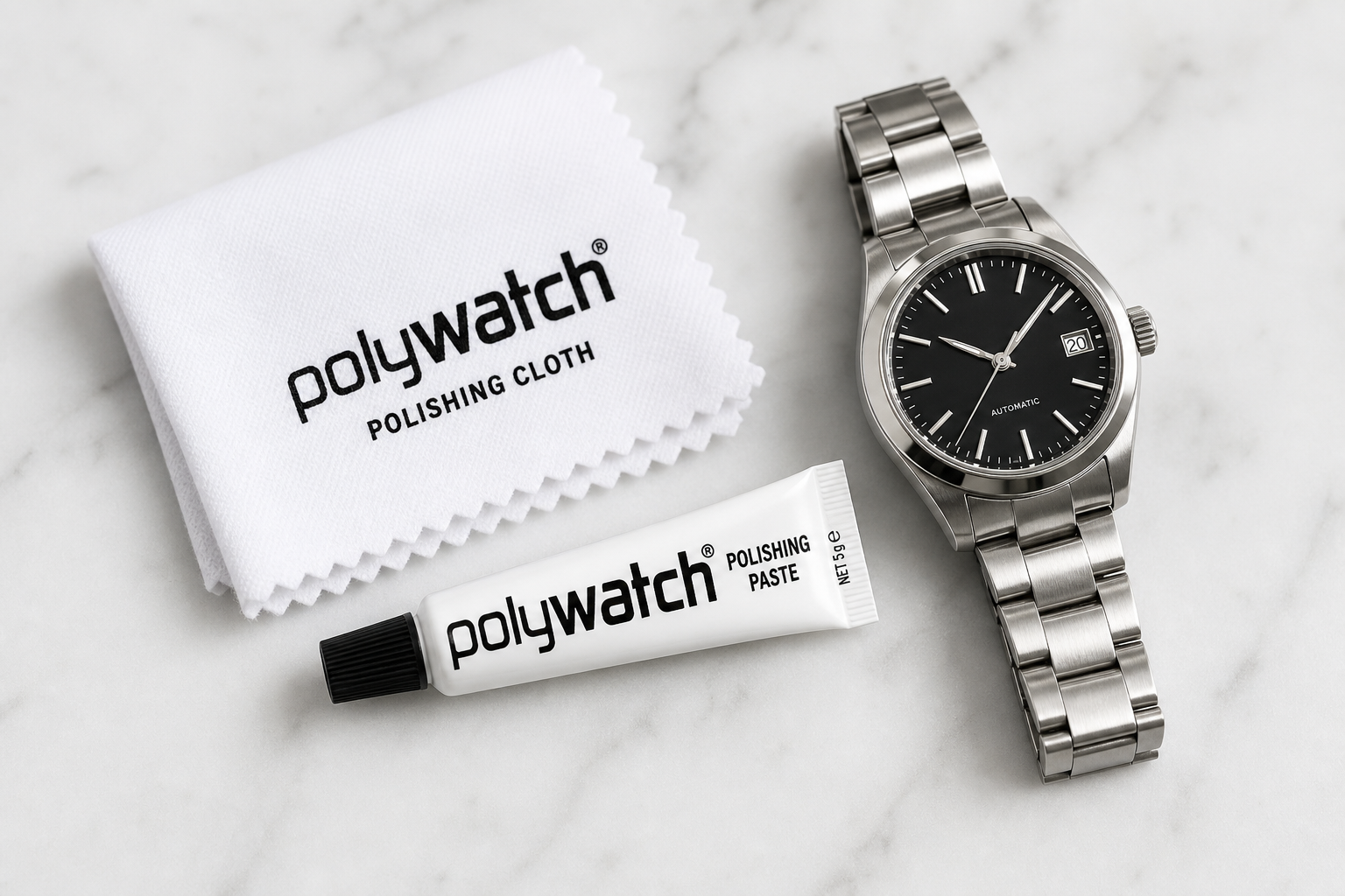 Тюбик пасты Polywatch и мягкая ткань