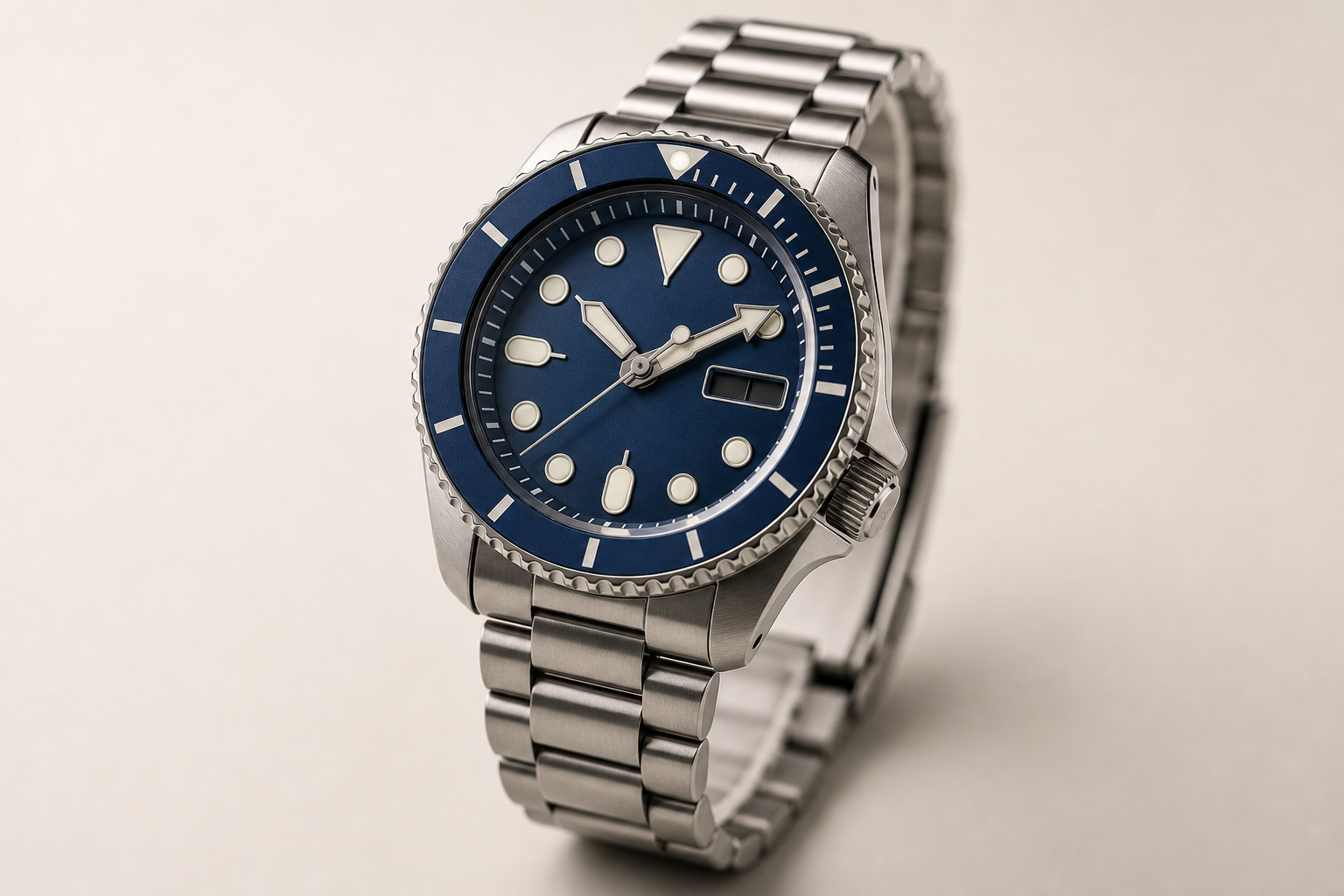 Seiko 5 Sports с синим циферблатом на стальном браслете, студийный ракурс