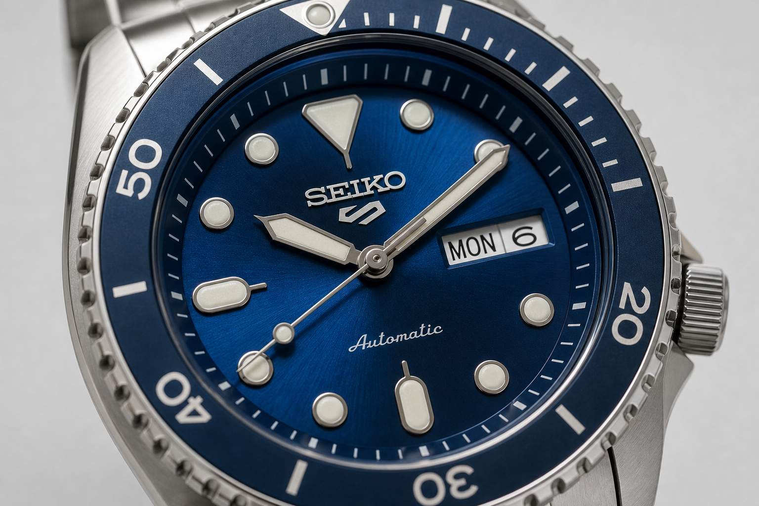 Крупный план циферблата Seiko 5 Sports с sunburst-полировкой и безелем