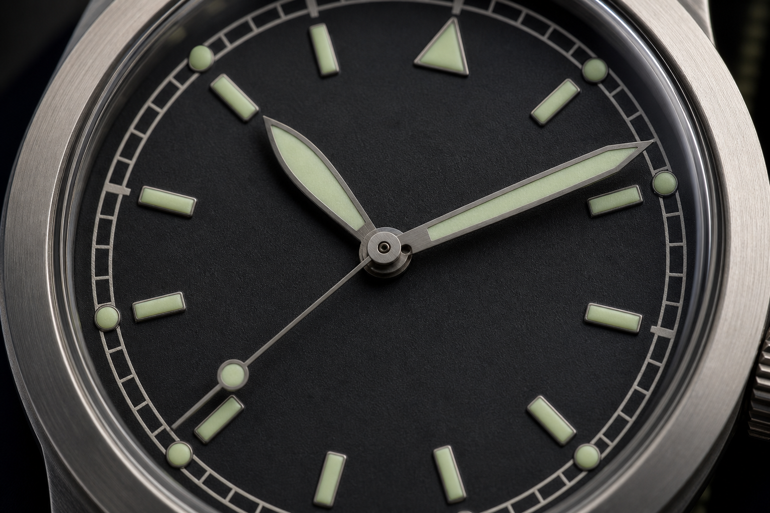 Крупный план циферблата field watch с люминесцентными метками