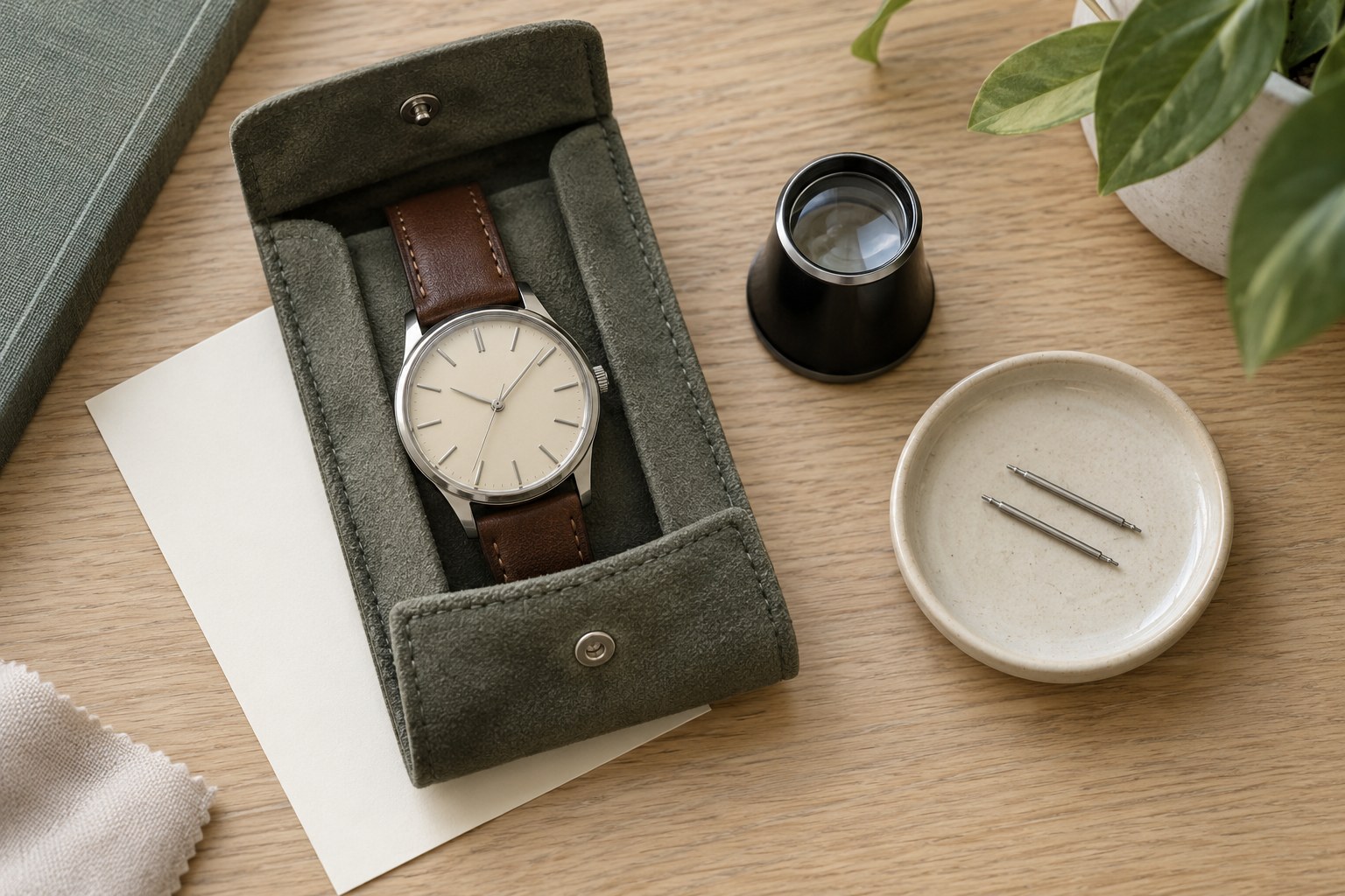 Часы в мягком футляре рядом с лупой и запасными шпильками